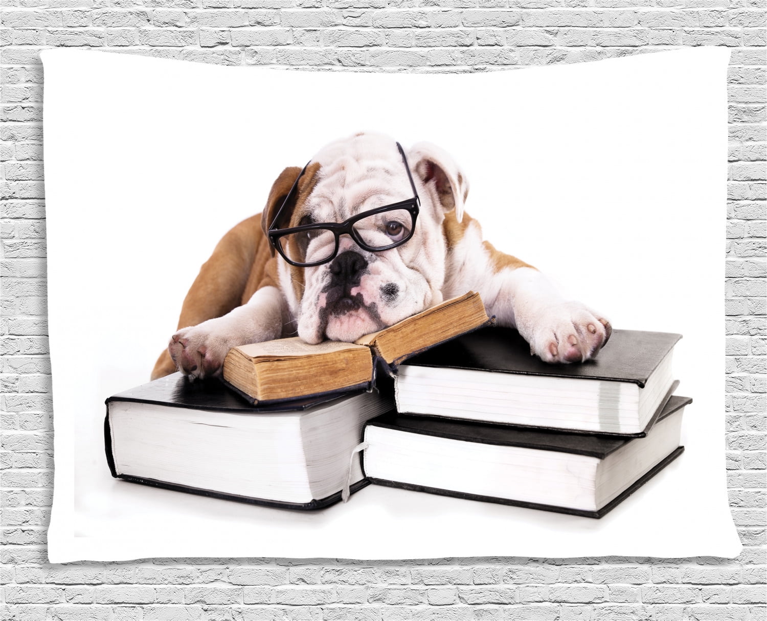 English Bulldog Tapestry, Pure Breed Bulldog with Glasses and Books