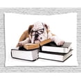 thumbnail image 1 of English Bulldog Tapestry, Pure Breed Bulldog with Glasses and Books Hardworking Animal, Wall Hanging for Bedroom Living Room Dorm Decor, 60W X 40L Inches, Black Pale Brown White, by Ambesonne, 1 of 2