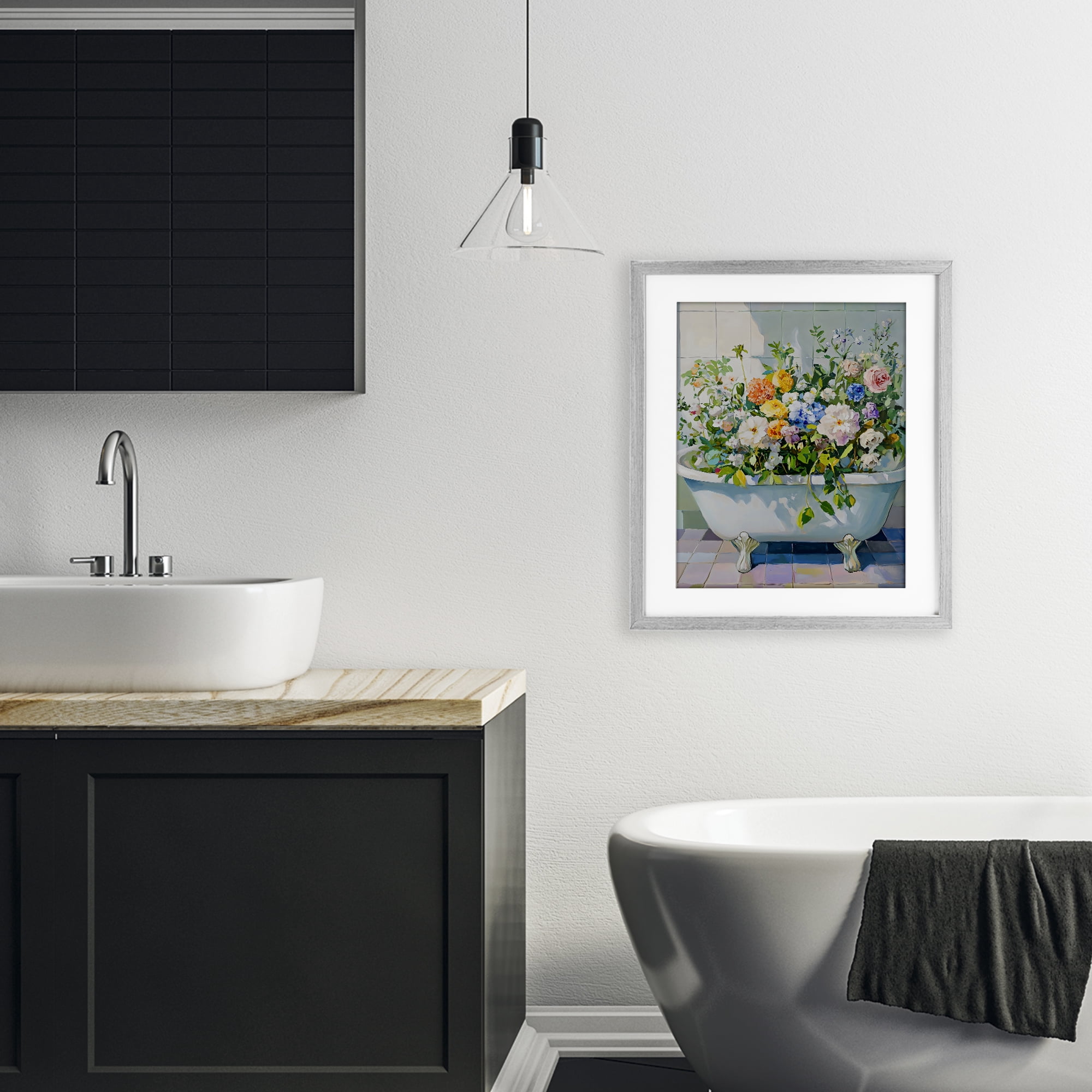 Stupell Industries Vintage Bathtub Bouquet Overgrowth Gray Framed Print Under Glass, design by The Prints Vibe