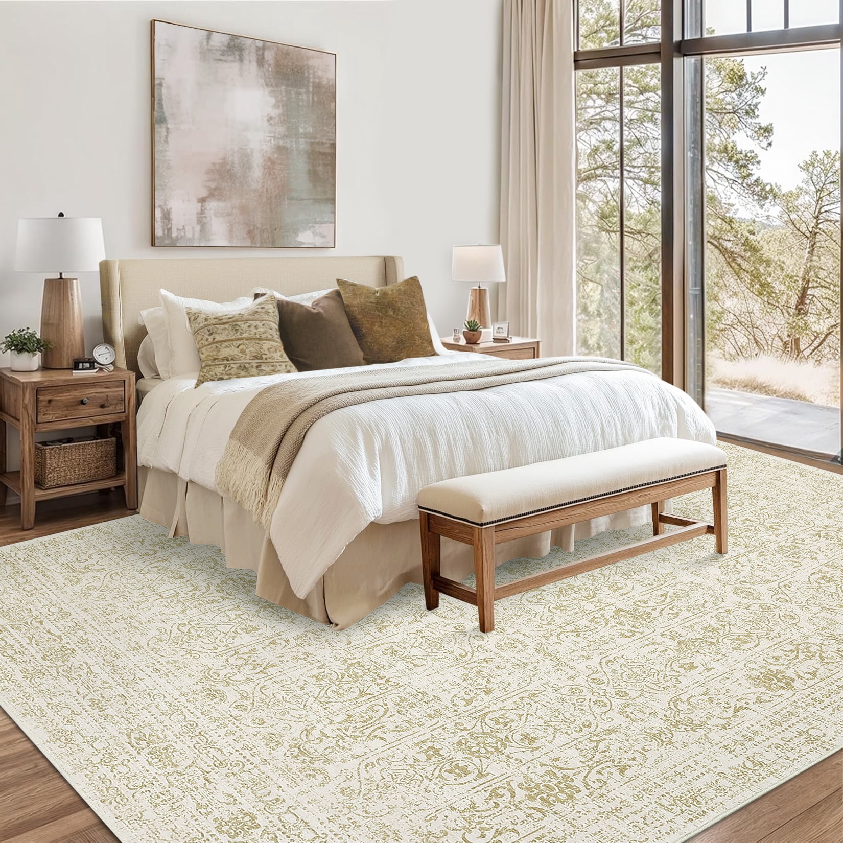 GlowSol 5'x7' Area Rug Soft Washable Oriental Distressed Rug Non-Slip Low Pile Indoor Carpet for Dining Room Home Office, Beige Camel