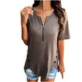 thumbnail image 2 of YHAJDS Basic Tees Spring Tunic Blouse V Neck Zipper Front Solid Color Casual Short Sleeve, 2 of 5