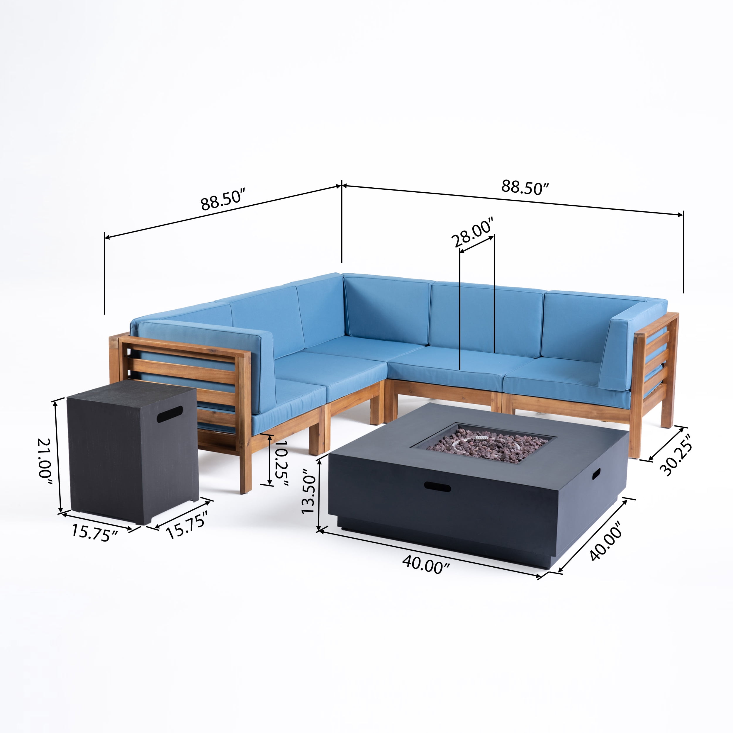 Leyla Outdoor 7 Piece Acacia Wood V-Shaped Sectional Sofa Set with Cushions and Fire Pit, Teak, Blue, Dark Gray