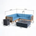 thumbnail image 3 of Leyla Outdoor 7 Piece Acacia Wood V-Shaped Sectional Sofa Set with Cushions and Fire Pit, Teak, Blue, Dark Gray, 3 of 10