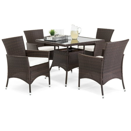 Used Patio Dining Sets Best Choice Product 5-Piece Indoor Outdoor Wicker Patio Dining Set Furniture w/ Square Glass Top Table, Umbrella Cut Out, 4 Chairs - Brown ()