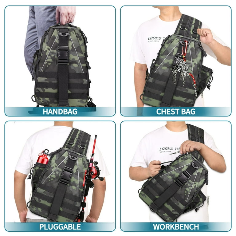 2BK Fishing Backpack Fishing Bag Tackle Box Sling Bag Water-Resistant Fishing Gear Bag with Rod Holder, Black