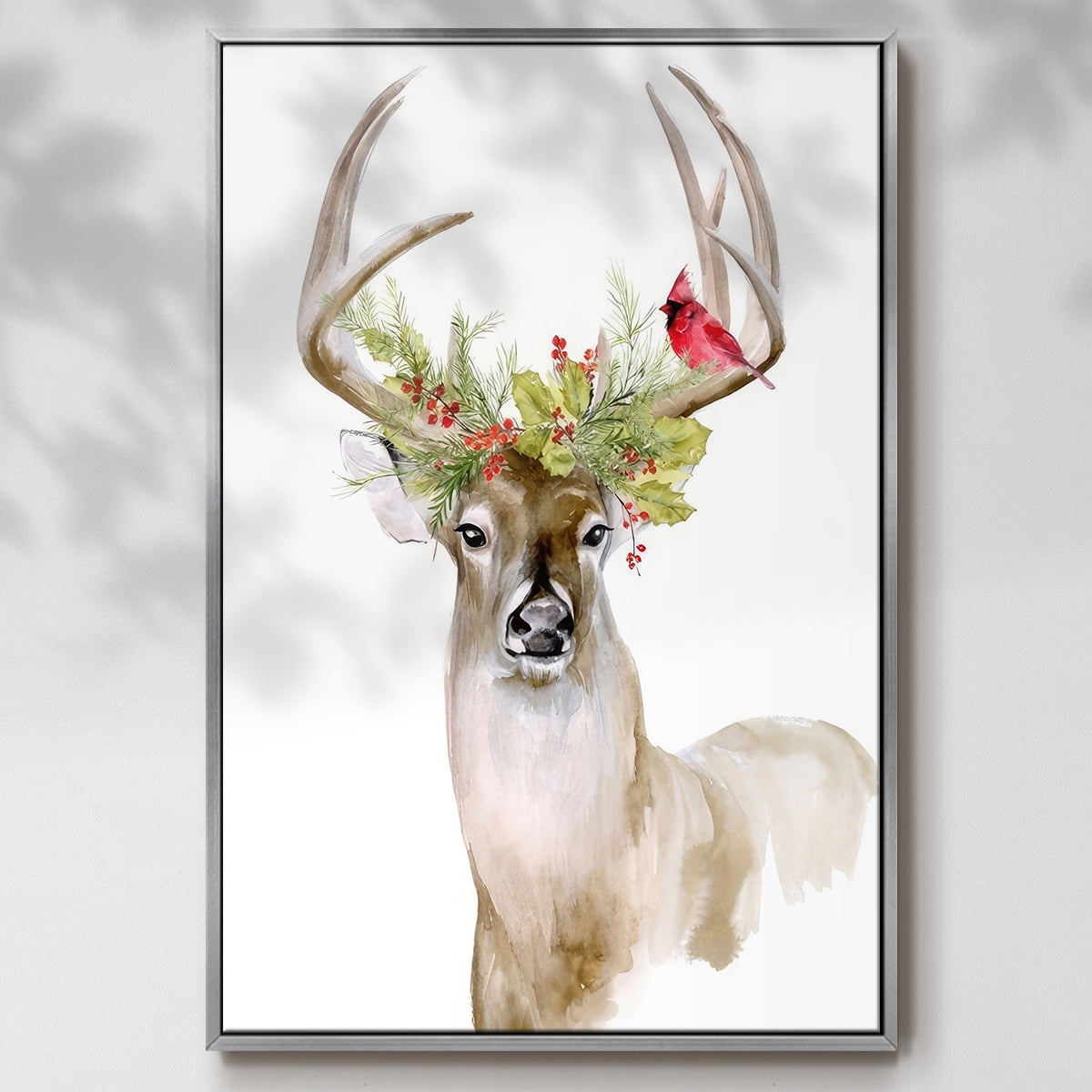Holiday Deer I - Framed Gallery Wrapped Holiday Canvas - 25 x 37 - Silver Frame