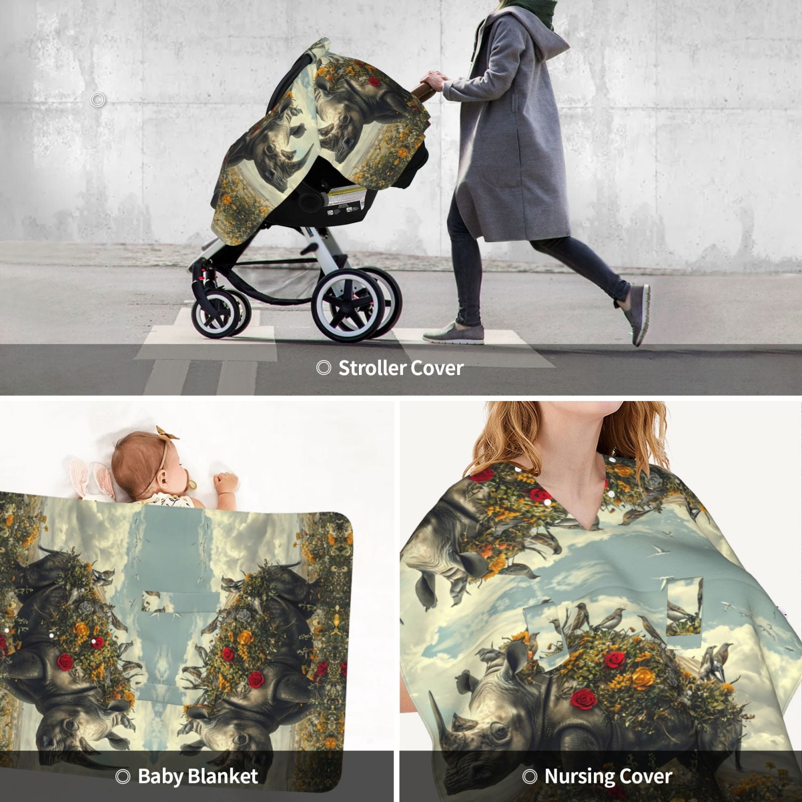 Car Seat Cover Baby - Floral Rhino With Birds Breathable Infant Car Seat Cover for Baby Carseat, Lightweight Comfort Baby Essentials Must Haves Newborn Stuff for Girl Boy