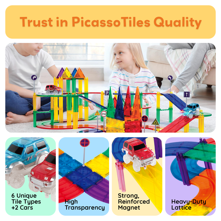 PicassoTiles Race Track Magnetic Set, 81 Pieces With LED Cars photo 8