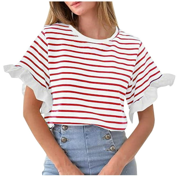 Tops de Cuello Redondo para las Mujeres Casual Color Sólido Hombro Manga Corta Suéter, Moda Ligera Blusa de Poliéster para Primavera Verano Diario