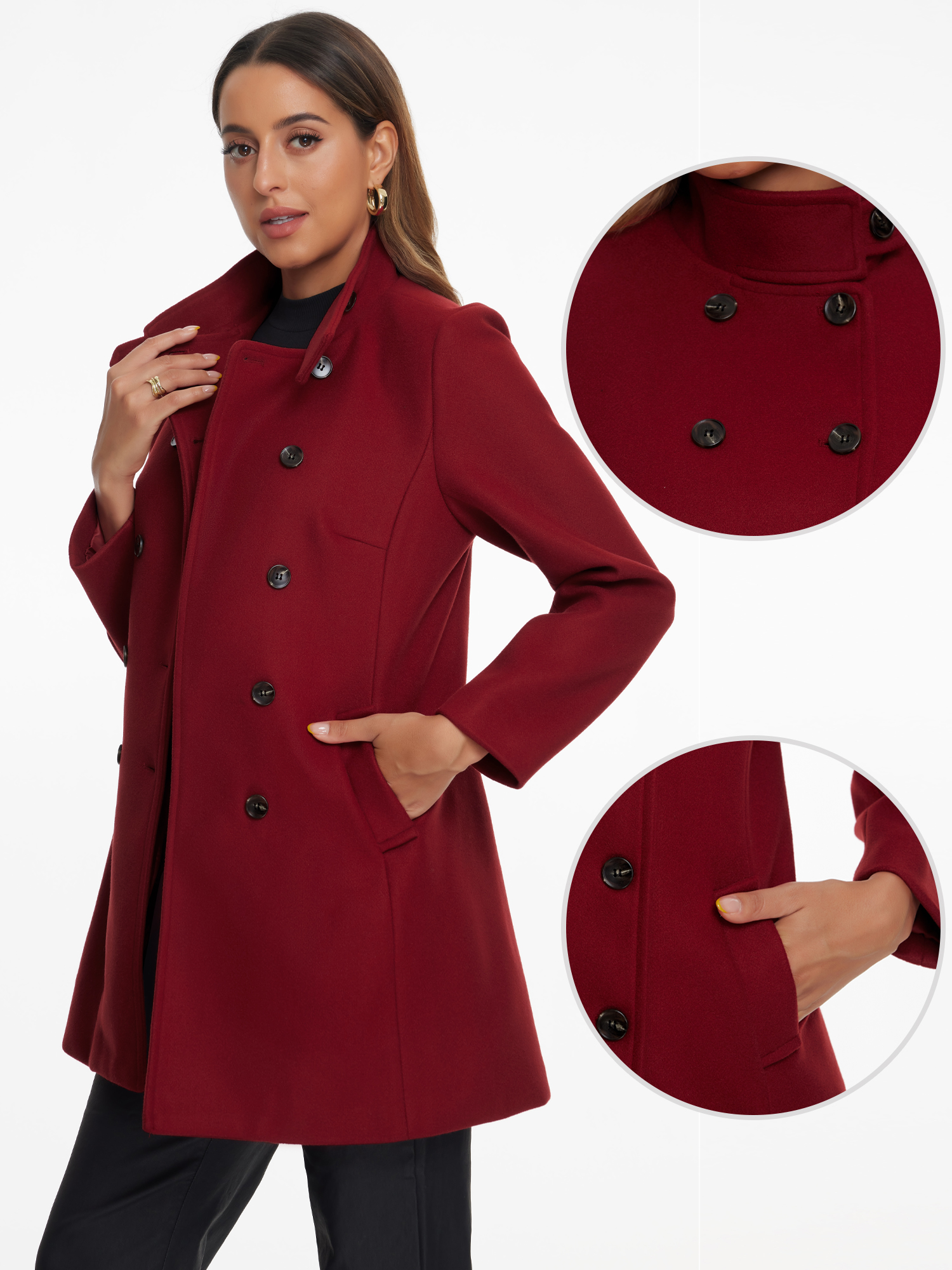 DARING DIVA Women's Winter Trench Casual Stand Collar Pea Double Breasted Overcoat L Burgundy