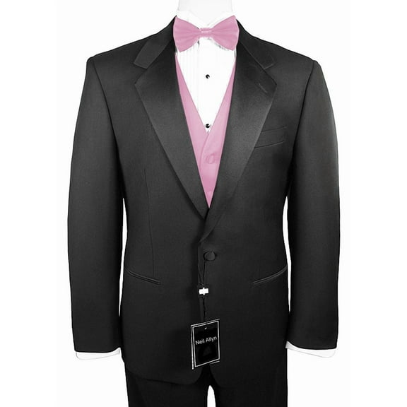 Neil Allyn 7-Piece Formal Tuxedo with Pleated Front Pants, Shirt, Pink Vest, Bow-Tie & Cuff Links. Prom, Wedding, Cruise