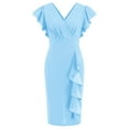 thumbnail image 5 of ATOYSOY Women's Knee Length Pencil Dress Solid Color Summer Sundress Retro Ruffle Sleeve V Neck Boho Beach Elegant Casual High Waist Clearance Trendy Workout Blue, 5 of 9