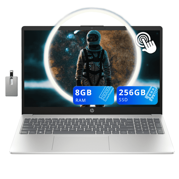 HP 15.6" HD Touchscreen Student Laptop, Intel i3-1215U, 8GB RAM, 256GB PCIe SSD, Intel UHD Graphics, Numeric Keypad, HD Webcam, Win 11, Natural Silver, 32GB Hotface USB Card
