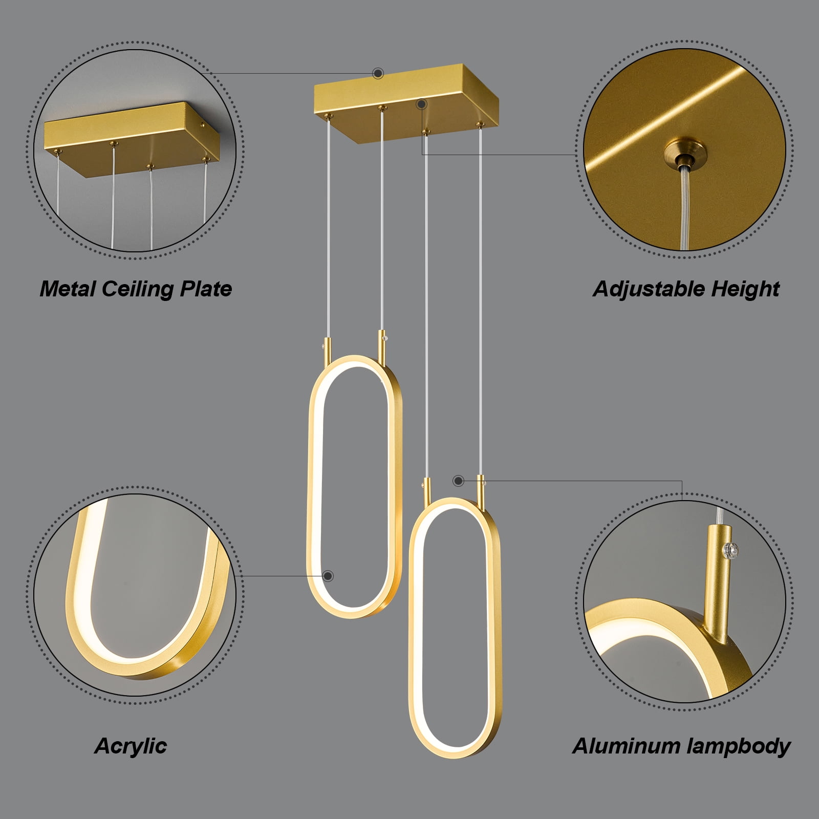 Gold Kitchen Pendant Light LED Oval Chandelier 2 Rings Pendant Light Fixture for Kitchen Island Dining Room Living Room Bedroom