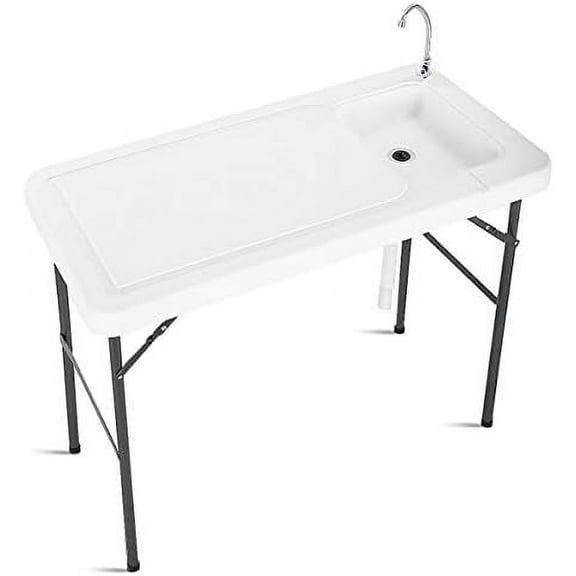 Fish Cleaning Table, Folding Camping Cutting Table w/ Sink & Faucet, Portable Outdoor Fish Cleaning Station for Garden, Picnic and RV