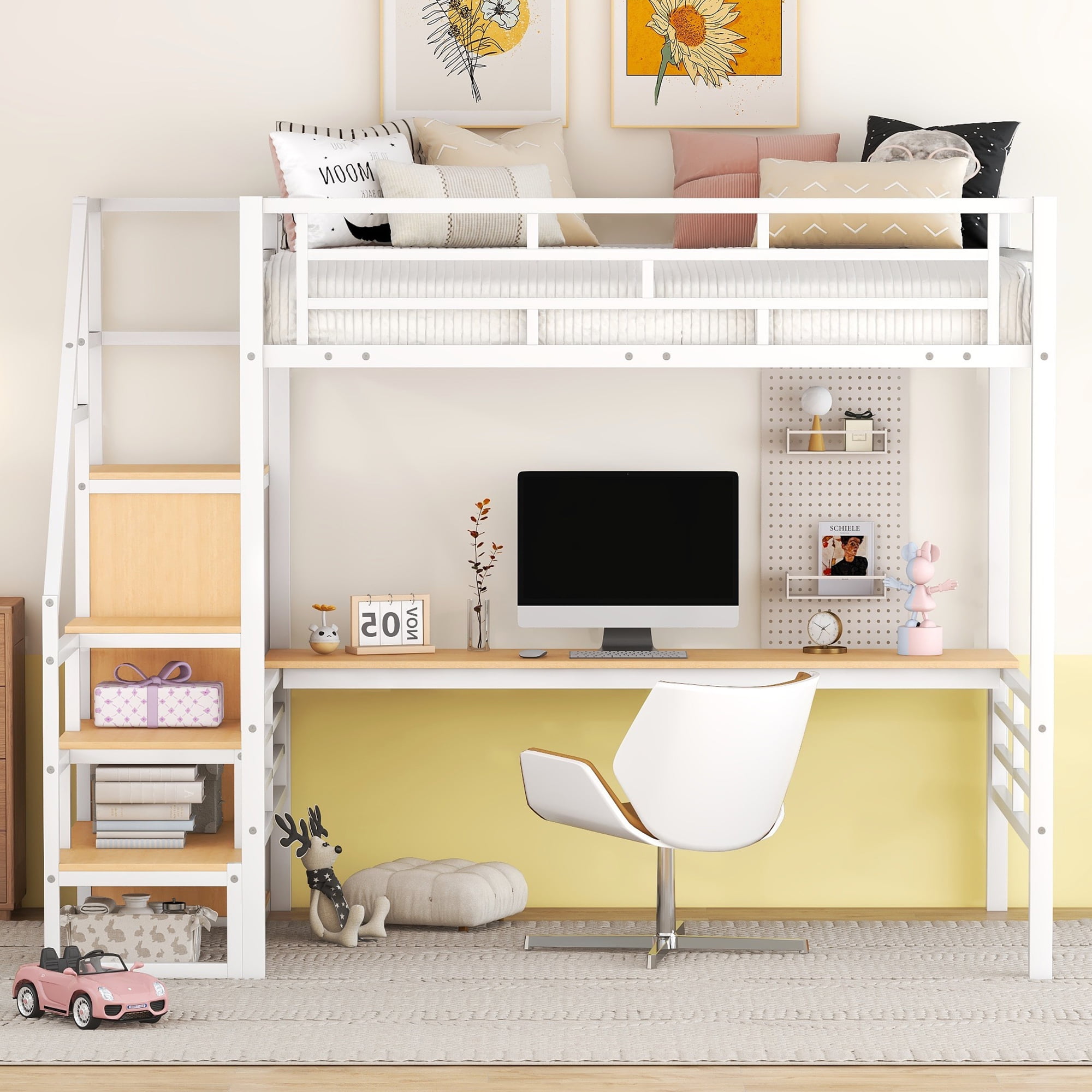Aukfa Full Size Metal Loft Bed with Desk and Wardrobe, Staircase Loft Bed for Kids Teens - White