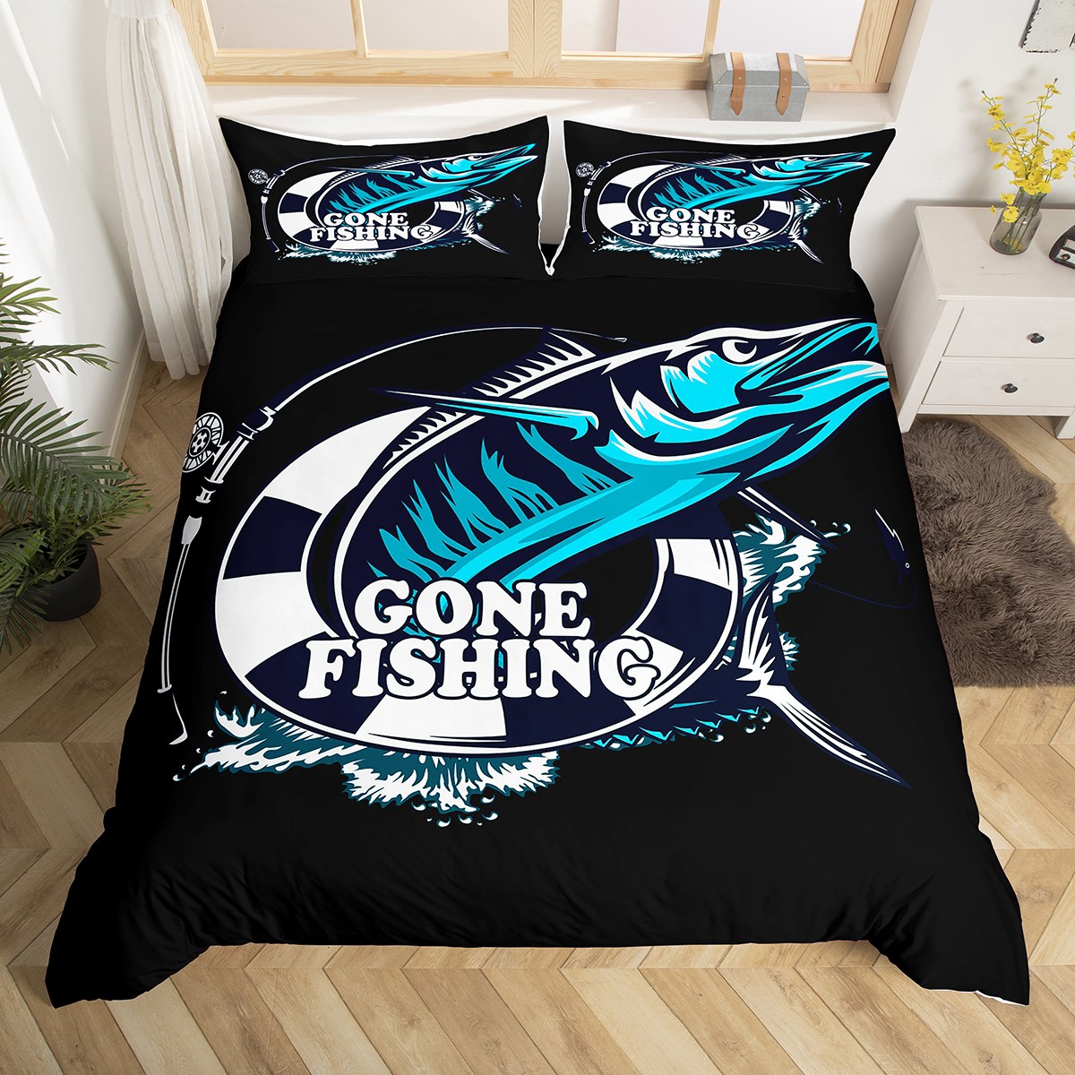 Blue Pike Fish Bedding Sets King Ocean Theme Comforter Cover, Sealife