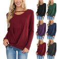thumbnail image 4 of Top de manga larga para mujer, dobladillo torcido, escote recortado, informal, suelto, color sólido, manga larga, jersey, camiseta, top, rojo vino M, 4 of 6