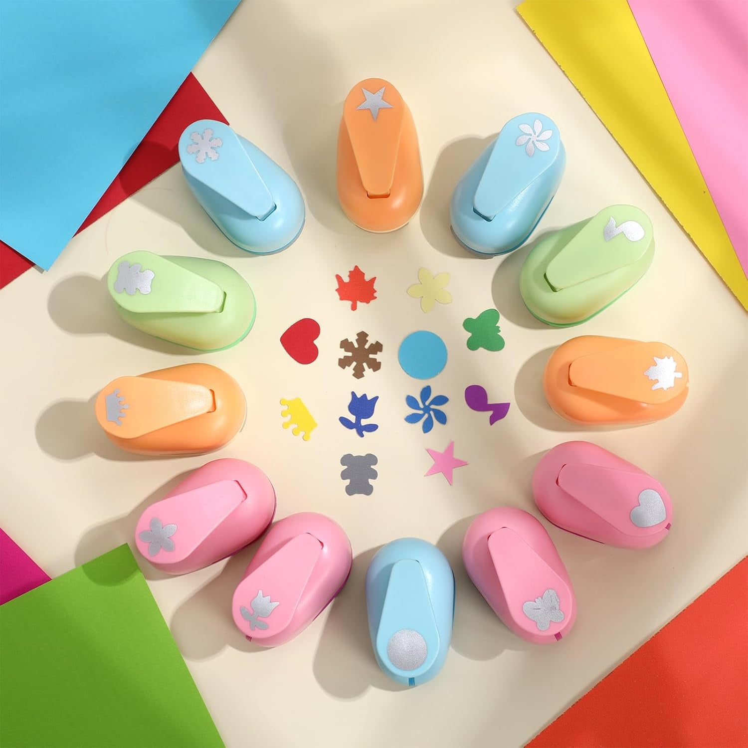 12 Pcs Craft Holes Punch Paper Punchers Scrapbook Punches with Craft Sticker Paper, Round, Maple Leaf, Star, Heart, Bear, Snowflake, Flower, Butterfly Shape, 1 Inch, 12 Shapes
