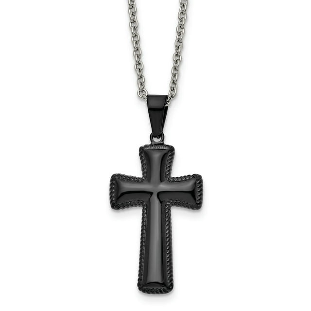 Stainless Steel Polished Black IP-plated Medium Pillow Cross Necklace 18in