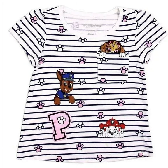 Paw Patrol Toddler Girls T-Shirt Size 3T Pocket With Skye Patch Navy White Striped Nickelodeon