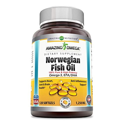 Amazing Omega Norwegian Fish Oil 1250mg 120 Softgels (Non GMO,Gluten Free) -Supports Anti-inflammatory, Heart, Joint & Brain Health