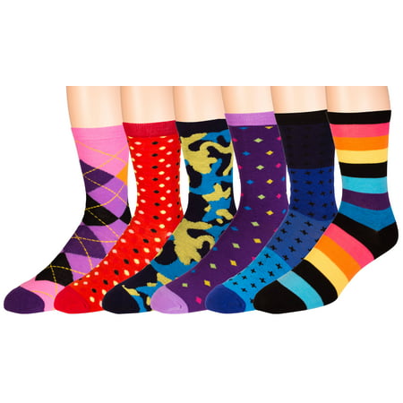 Men's Pattern Dress Funky Fun Colorful Socks 6 Assorted Patterns Size 10-13 (6