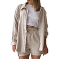 thumbnail image 3 of Linen Sets for Women 2 Piece Summer Long Sleeve Button Down Shirts High Waisted Shorts Set Oversized Tracksuit Khaki, Size L, 3 of 6