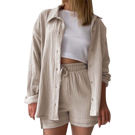 MDUKONU Women s Elastic Waist Short Set Soft Touch Minimalist Summer Wear Khaki M