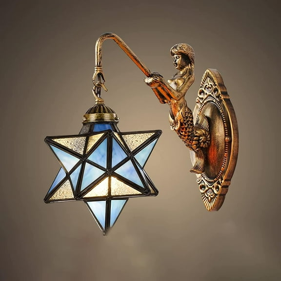 Artistic Style Wall Sconces, 20cm Star Shade Wall Lamp, Vintage Stained Glass Wall Light Fixtures for Living Room Hallway Bedroom Farmhouse Bedside Lamp,Pink