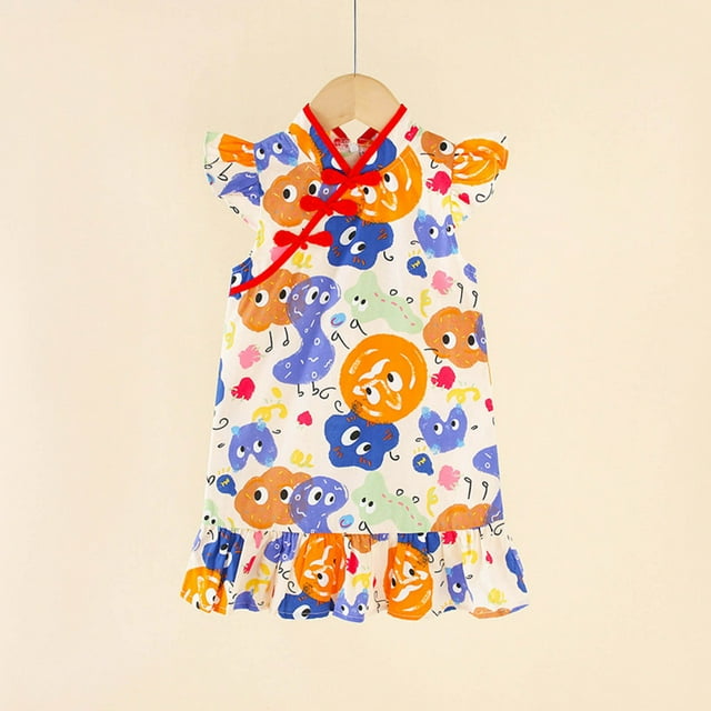 Robes pour Filles Été Style Chinois Manches à Volants Robe Décontractée Légère Respirante Mode Imprimé Robe Ado Fille Violet 3 Ans-4 Ans