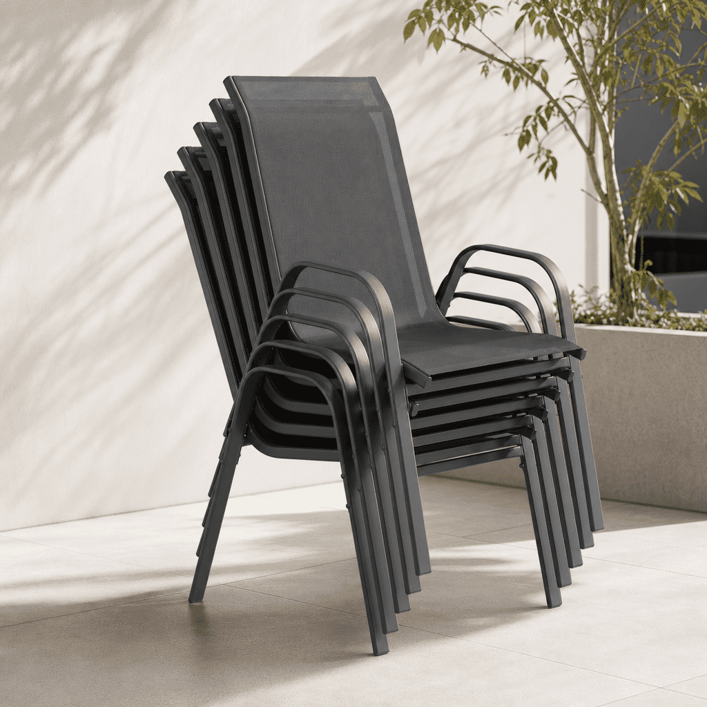 Vicllax Stackable Patio Dining Chairs Set of 6 , Modern Textilene Outdoor Chairs with Metal Frame for Garden, Backyard, Poolside,Black&Gray&Brown