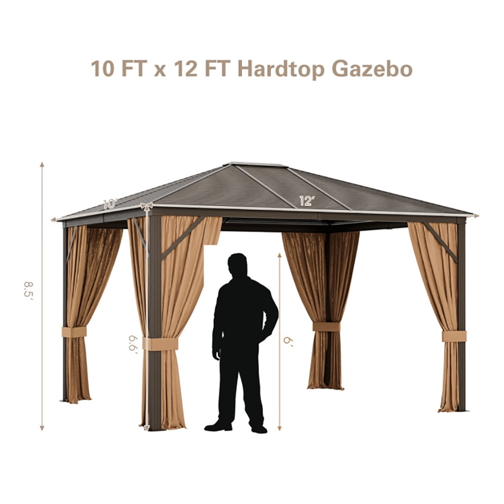 Aimee Lii 12 x10 Feet Outdoor Hardtop Gazebo with Galvanized Steel Top and Netting, Backyard Canopy Gazebo for Party Wedding BBQ Events, Brown