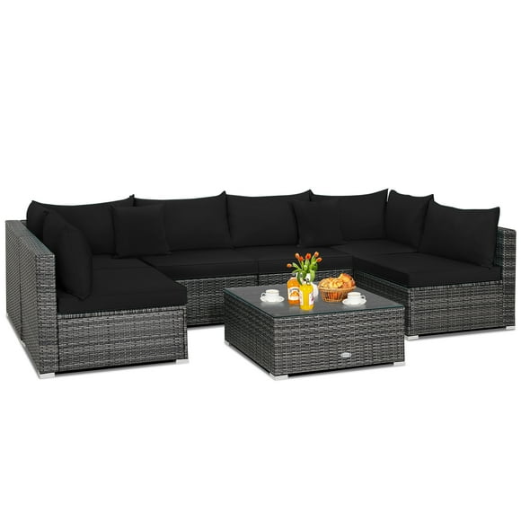 Patiojoy 7 Pcs Outdoor Patio Furniture Set All-Weather PE Rattan Sofa Set w/Coffee Table & Cushions Black