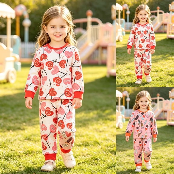 Pandaie Kids Girls Fall Outfits 1-8T Cartoon Print Long Sleeve Crewneck Sweatshirt Top Sweatpant 2 Piece Loungewear Set Orange,1-2 Years