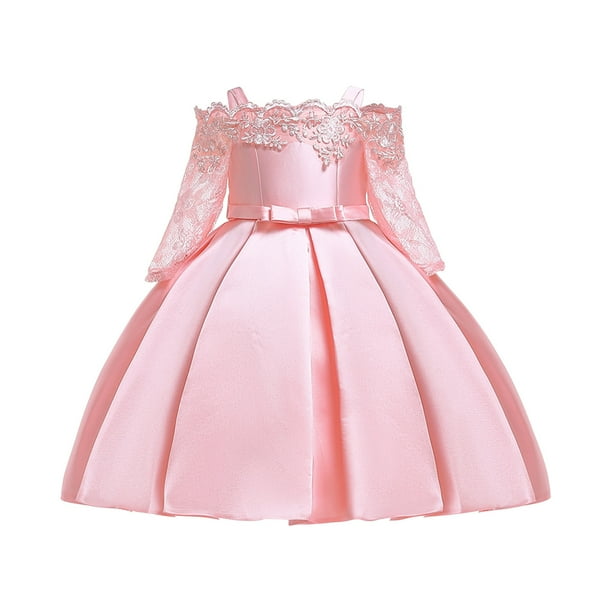 Vestido Para Niñas, Ropa Para Niñas Pequeñas, Encaje Bordado De Color Sólido, Manga Corta, Lazo, Vestido De Fiesta De Cumpleaños, Vestidos Para Niños, Rosa Odeerbi LM103-3654