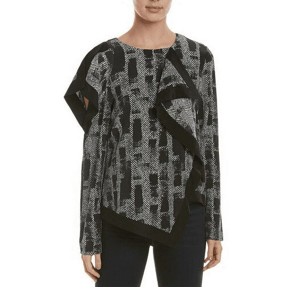 Nicole Miller Artelier BLACK/MULTI Herringbone Cold Shoulder Blouse, US Medium