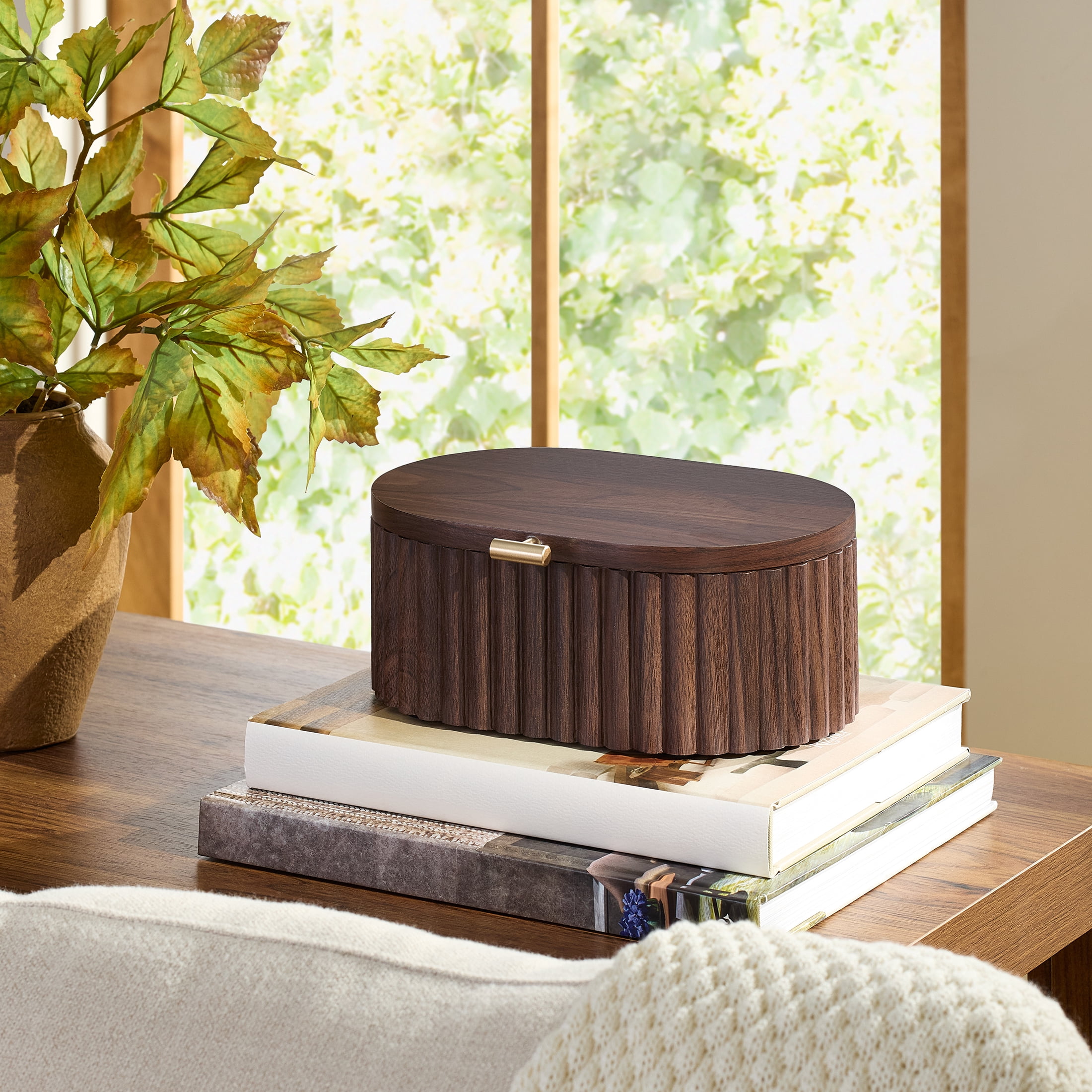 Better Homes & Gardens Oval Scalloped Wood Jewelry Box with Lid, Natural, Decorative Storage