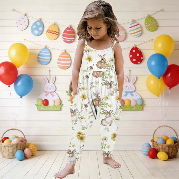 ITSAME Toddler Girls Jumpsuit, Lightweight Backless Easter Bunny Print Festival Casual Fashion Romper Beige 4T