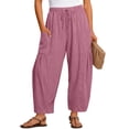 thumbnail image 2 of Striped Linen Pants Women Elastic Waist Drawstring Cotton Linen Casual Trendy Wide Leg Barrel Pants with Pockets, XL, 2 of 6