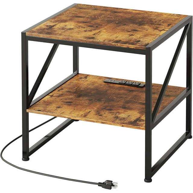 20" Small Nightstand with Charging Station, Mini Fridge Stand, Square Side Table, End Table for Living Room, Bedroom Beside Table, Table De Chevet,Rustic Brown