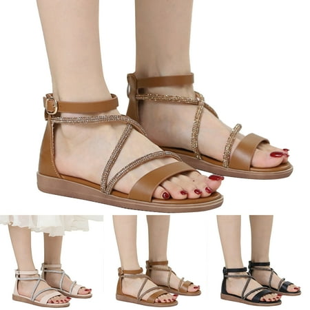 

CAICJ98 Sandals Women Women s Rivet Rhinestone Pearl Flat Sandals Slip on Memory Foam Sandals Open Toe Slide Sandals Brown