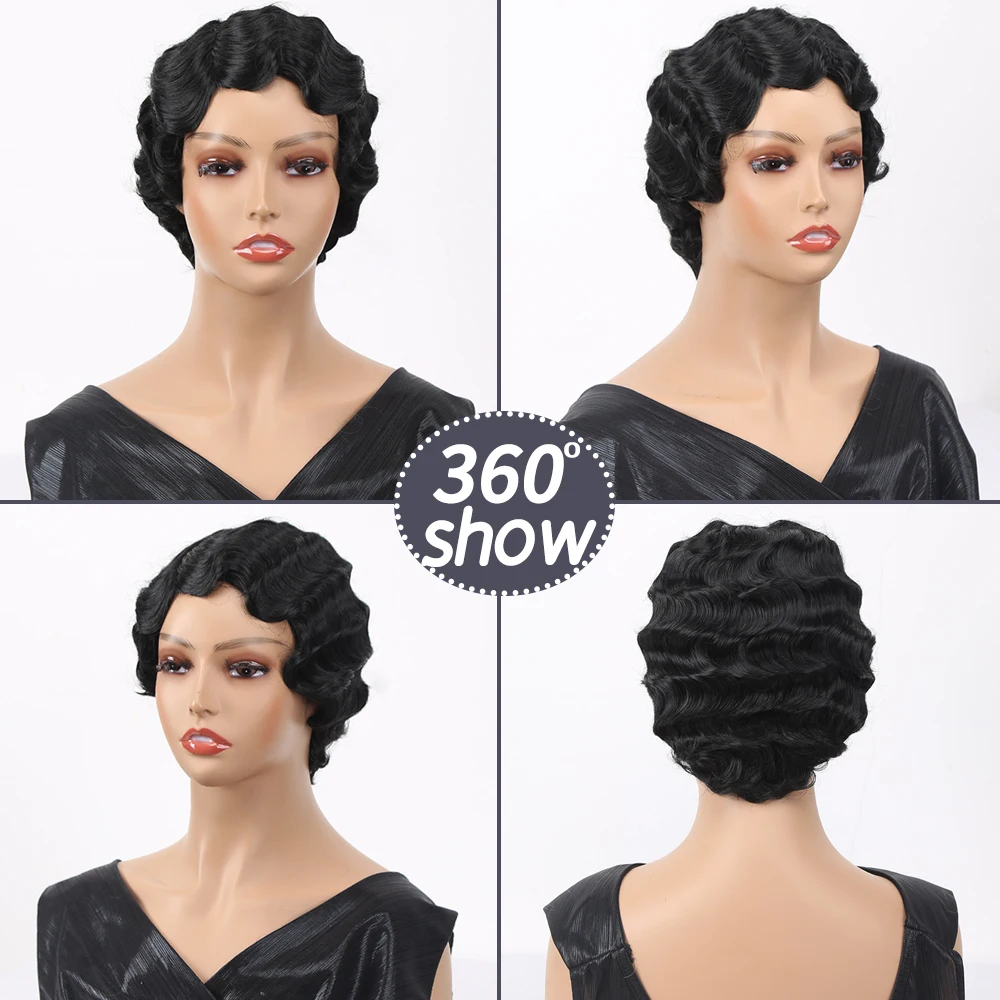 Short Pixie Cut Wigs for Black Women Mommy Brazilian Finger Ocean Wave Remy Human Hair Cheap Wig for Party Natural Black Color Full Machine Made