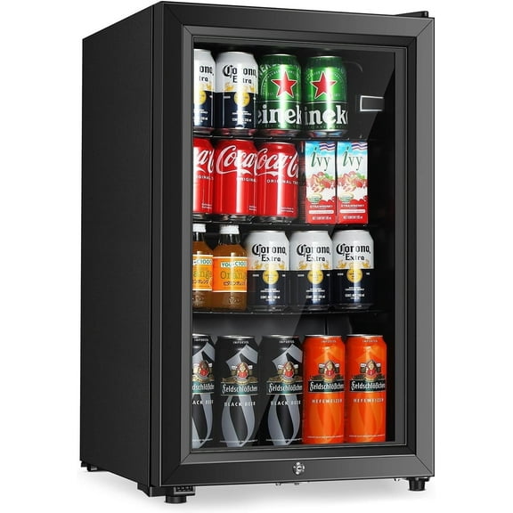 HUMSURE 80 Can Freestanding Beverage Refrigerator, 2.3 cu.ft Drink Fridge with Glass Door, LED Light