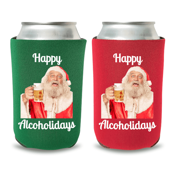 Christmas Can Coolers, Happy Alcoholidays Coolies, Funny Christmas Gift, Christmas Coolies, Christmas Party Favors (2Pack (1 Green and 1 Red))