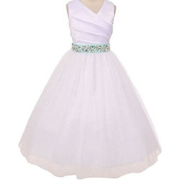 Big Girls' White Rhinestone Belt Communion Flowers Girls Dresses Mint 14
