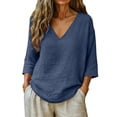 thumbnail image 2 of Women's Cotton Linen Blend T-Shirts 3/4 Sleeve V Neck Loose Fit Casual Tops Summer Pullover Shirts Daily Wear Navy M, 2 of 7