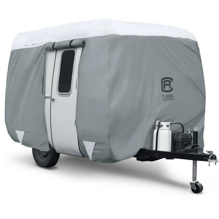 Classic Accessories OverDrive PolyPRO™ 3 Molded Fiberglass Travel Trailer Cover, Fits 8' - 10' Trailers - Max Weather Protection RV Cover, Grey/Snow