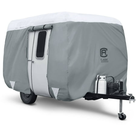 Classic Accessories OverDrive PolyPRO™ 3 Molded Fiberglass Travel Trailer Cover, Fits 8' - 10' Trailers - Max Weather Protection RV Cover, Grey/Snow (Best Rated Travel Trailer Covers)