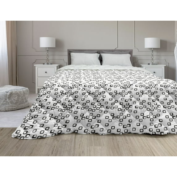 Abstract Down Alternative Comforter, Diagonal Dotted Squares and Polka Dots Simplistic Classic Illustration, Microfiber Quilt for All Season, 5 Sizes, Charcoal Grey Ivory, by Ambesonne